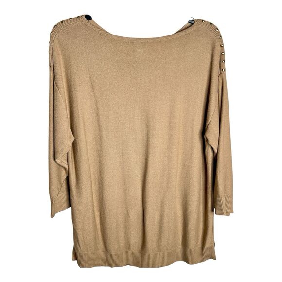 Chico's Knit Top Sz 2-Large Tan 3/4 Sleeve Gold Buttons At Shoulder - Picture 5 of 8